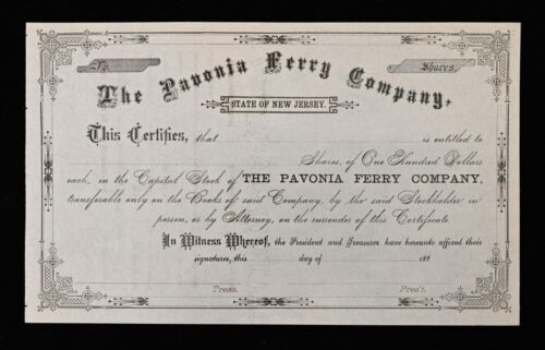 Railroad Stock Certificate, Pavonia Ferry Co. 1880's Not Issued - Picture 1 of 1