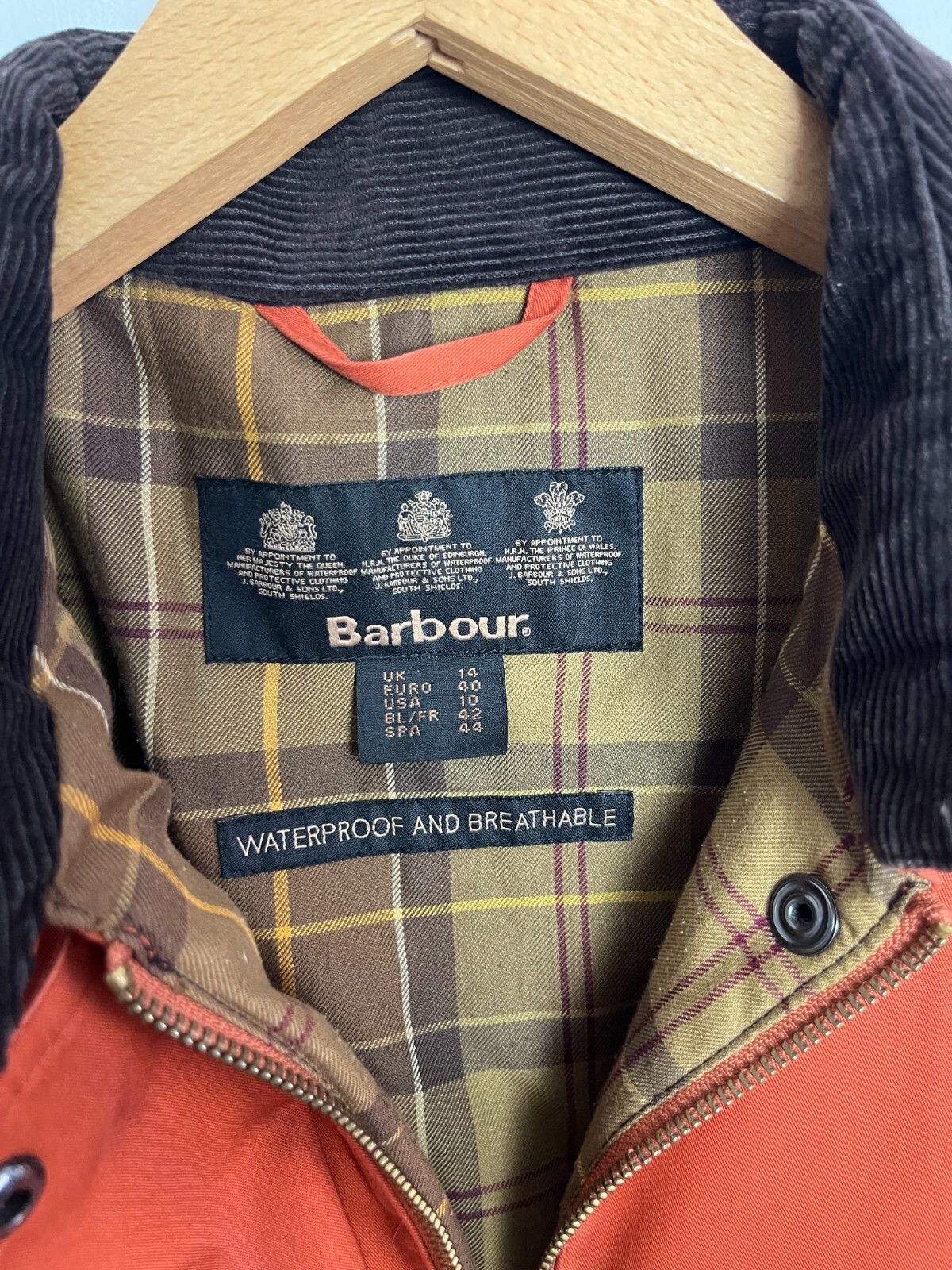 Barbour Newmarket Jacket Womens UK 14 Orange Coat Waterproof