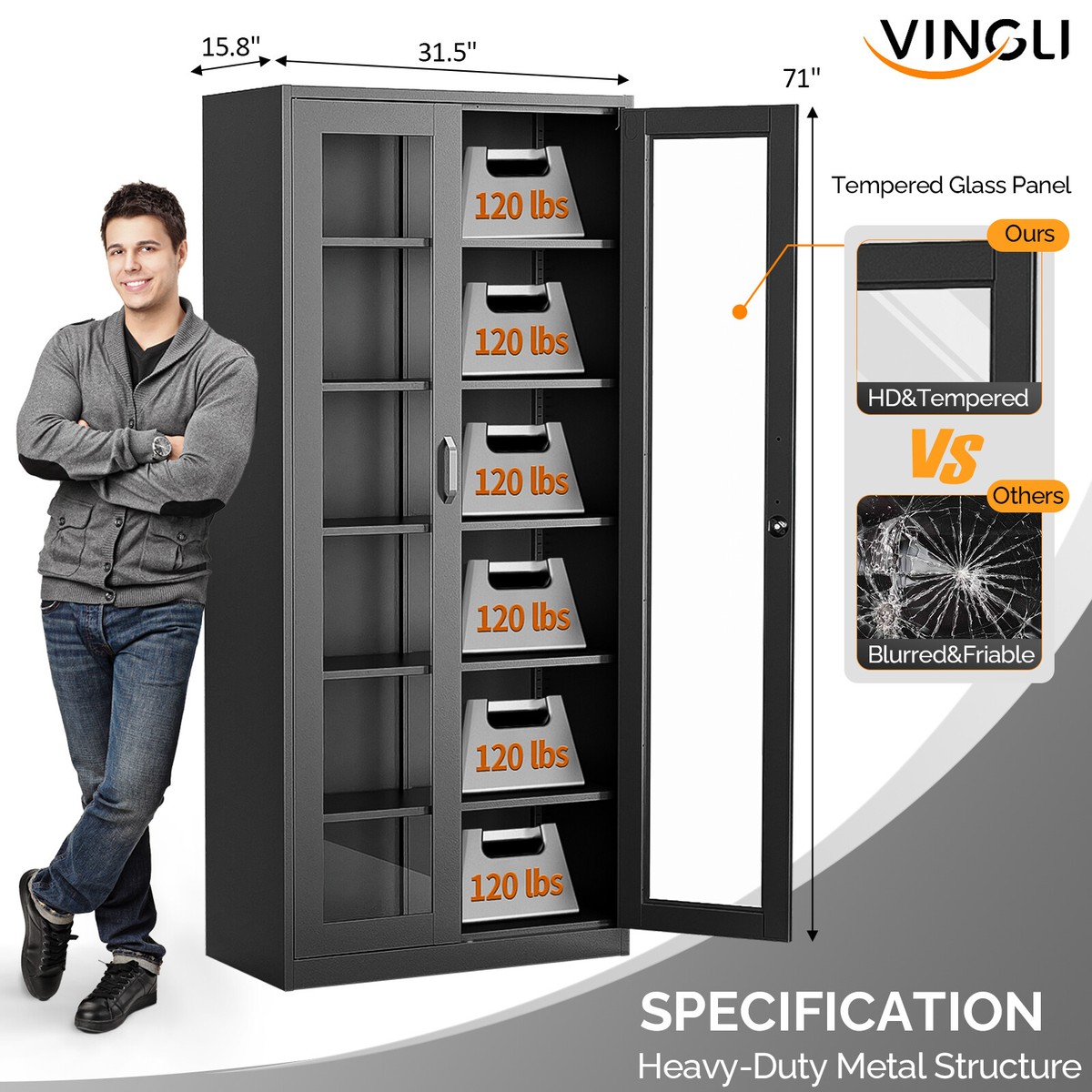 71" Tall Glass Display Cabinet With Lock - Curio Bookcase With 4 Adjustable Shelves, Black Metal Frame