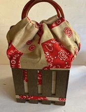 Vintage Wood Basket RARE Red & Tan Paisley Bandana Purse/Basket