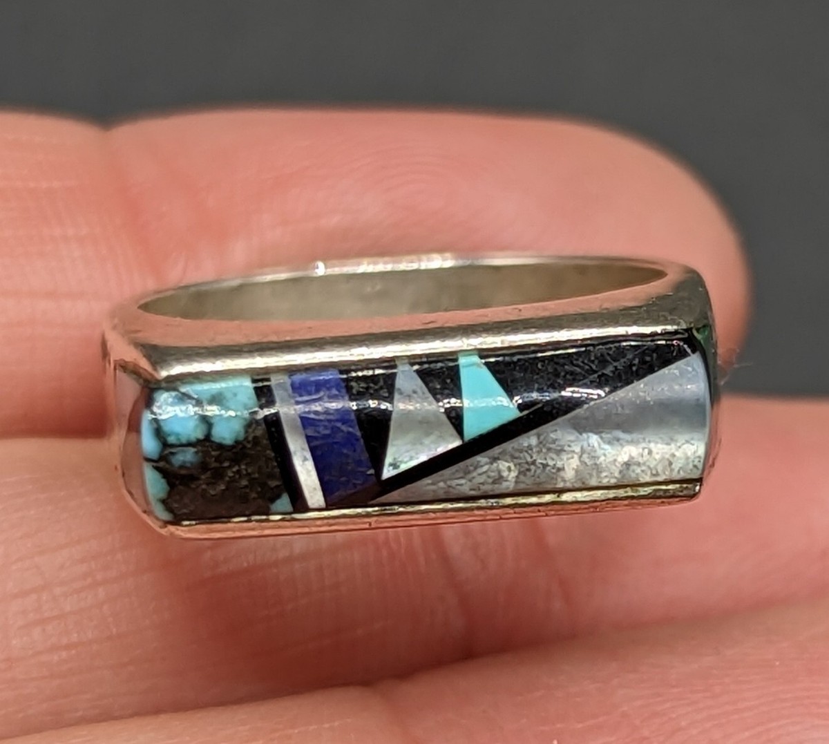 Sterling Silver Multi Stone Inlay Turquoise Onyx MOP Lapis Bar Ring Size  1/2