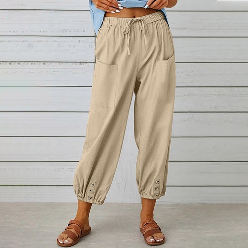 Womens Casual Cotton Linen Wide Leg Pants Floral Loose Elastic Waist Trouser US~ - Picture 6 of 26