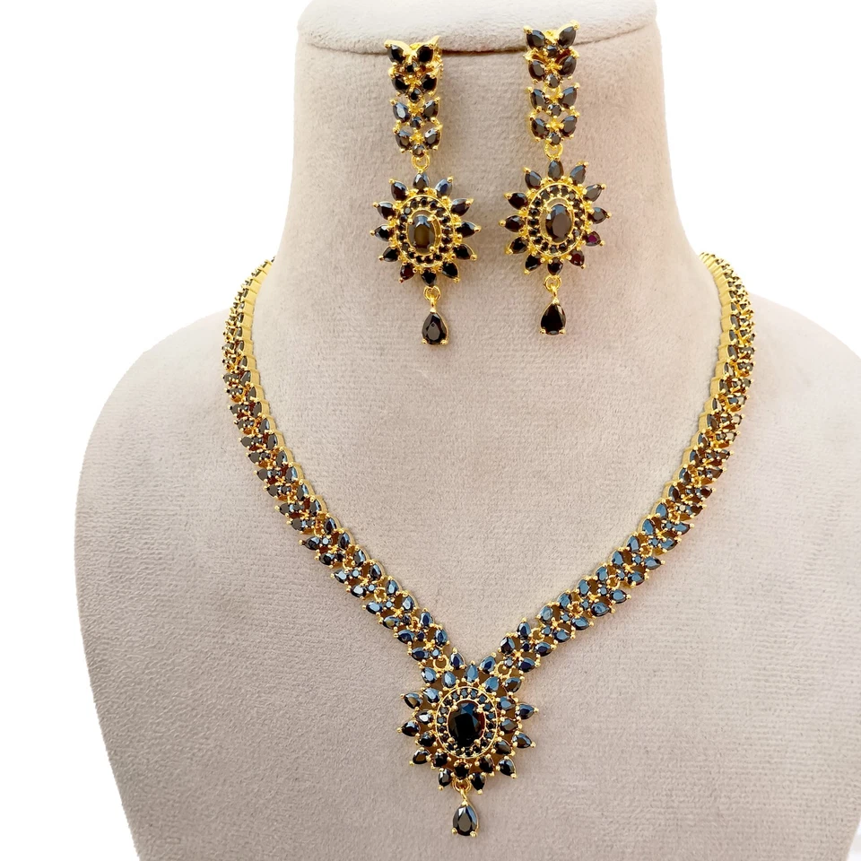 Bridal Wedding Party Wear Black Onyx CZ Gold Plating Choker Necklace & Earrings - Image 3 of 4