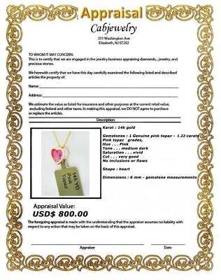 ECHT 1,22 kt ROSA TOPAS HERZ ANHÄNGER 14K GOLD - kostenloser Bewertungsservice