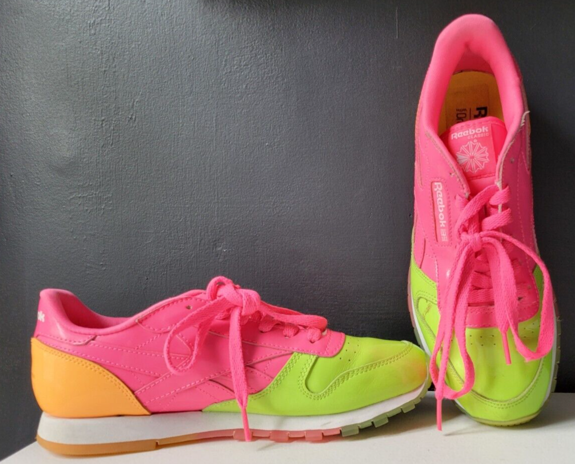 REEBOK NEON GREEN HOT PINK GENUINE PATENT LEATHER SNEAKERS