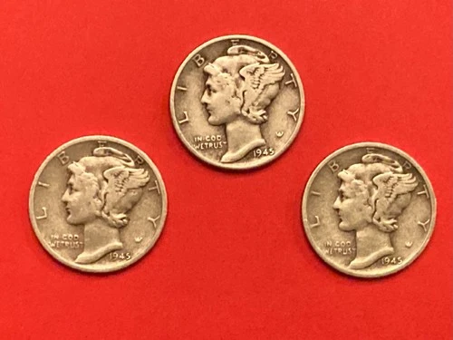 1945 Mercury Dime three coin lot - P, D, and S mints VG to Fine condition