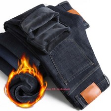 Mens Winter Thermal Jeans Fleece Lined Denim Pant Stretch Straight Leg Trousers