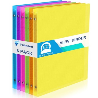 Fulmoon 6 Pack Plastic 3 Ring Binder Assorted Colors Economy 0.5 Inch, Clear 