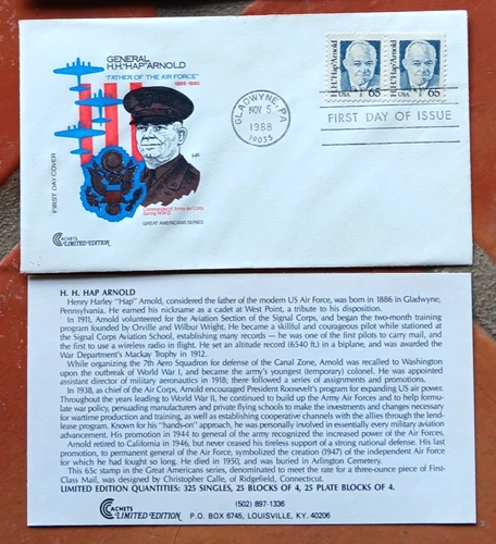 USAF #2191 65c Hap Arnold FATHER OF THE AIR FORCE COVERCRAFT PAIR FDC 1988+INF