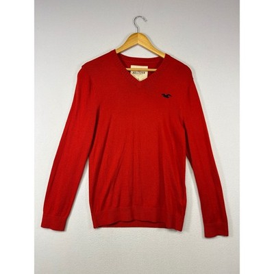 Preppy Hollister Mens Size S Red V-Neck Cotton Blend Logo Knit Sweater 3C0833