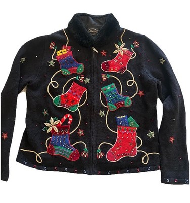 Vtg Designers Originals Studio P-Small Cardigan Granny Christmas Stocking Beaded