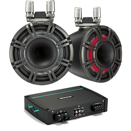 Kicker 44KMTC11 Charcoal 11" Speaker Boat Tower Pair & 44KXMA12002 Marine Amp