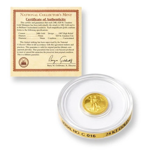 24K Gold $20 Saint-Gaudens Mini Coin w/ COA National Collector’s Mint .999 Gold