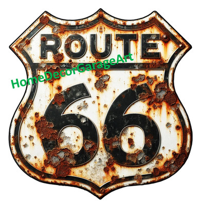 Route 66 Rusty Design, Flat Smooth Cutout Metal Sign, Vintage Style Garage Art