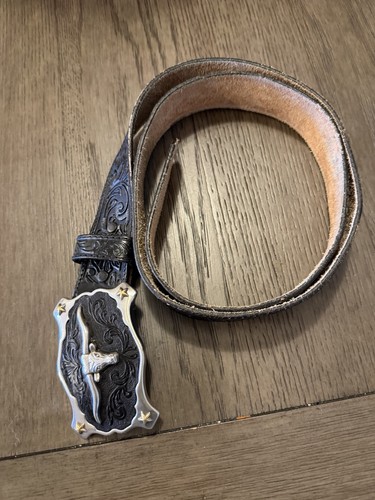 Justin Mens Classic Longhorn Black Tooled Leather Western Belt Size 40