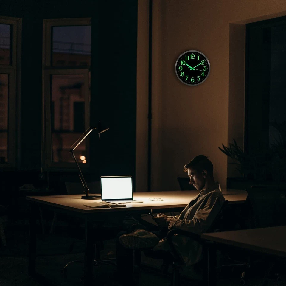 Large 12" Battery Wall Clock Luminous Glow Night Light Quartz Silent Home Office - Image 4 of 4