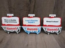 3 Hamm’s Beer Advertising VTG Metal Signs Tin Button Bathtub Party 1968 Set RARE