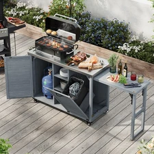 Outdoor Kitchen Island Wood Grill Cart w/Foldable Grill Table, Trash Can Storage