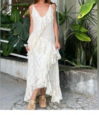 Lace Ruffle V-Neck Maxi Dress - White