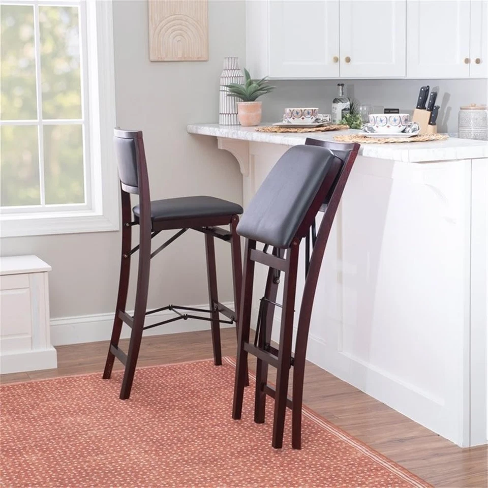 Linon Triena 30" Folding Bar Stool Brown Faux Leather Back/Seat in Merlot Wood - Image 3 of 4