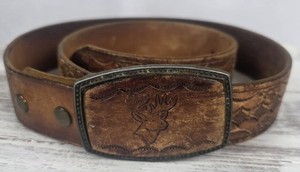 Vintage Genuine Tooled Leather Belt w/ Deer Design Buckle Men's Size 36