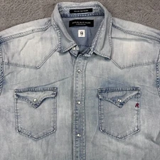 REPLAY M4023 Shirt Men's 2XL (fits L) Denim Western Faded Snap Button Blue