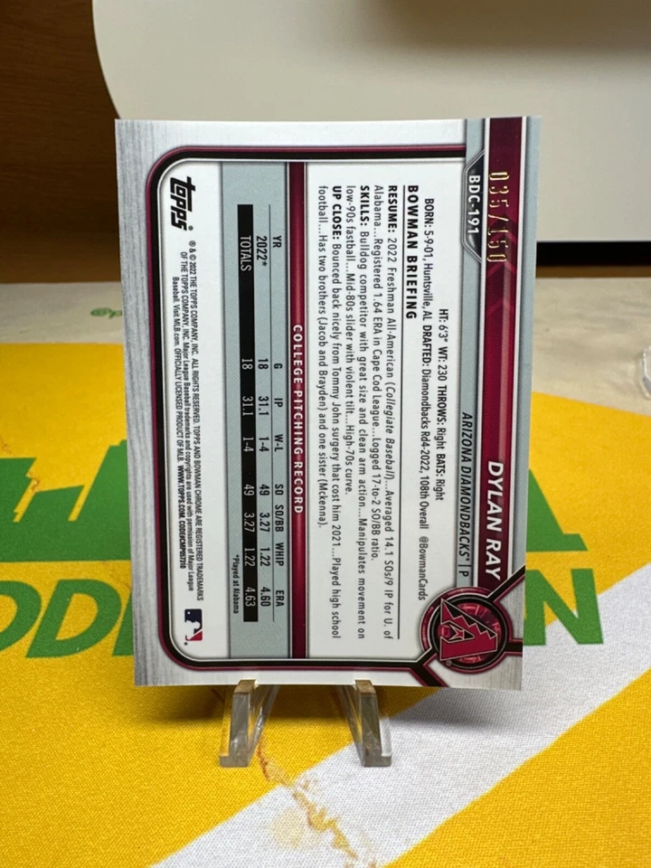 2022 Bowman Draft Chrome 1st Dylan Ray True Blue Refractor Rc /150 Arizona - Image 2 of 2