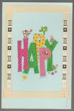 HAPPY BIRTHDAY lettering Mouse Frog Snail Turtle 7.5x11" Greeting Card Art B9734