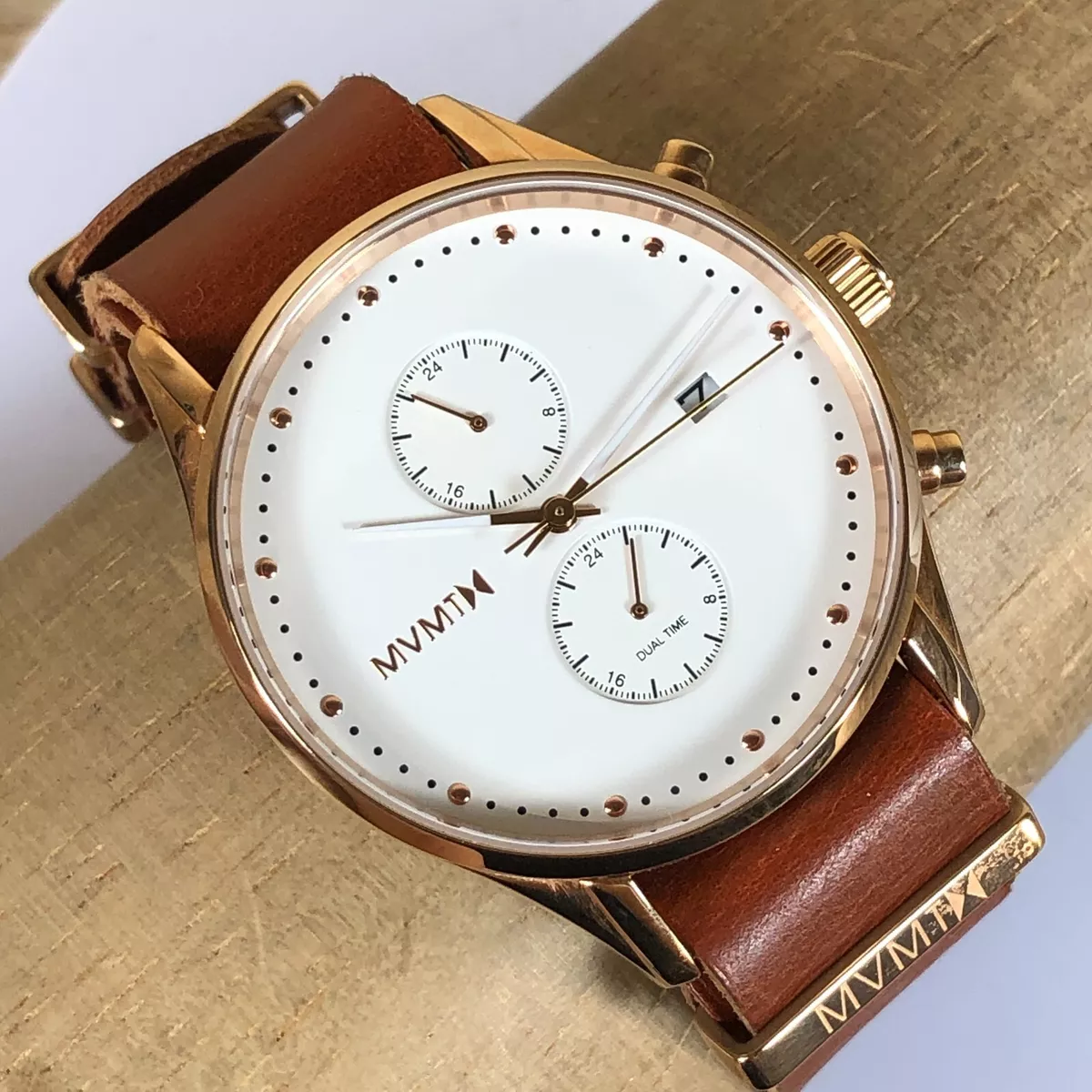 MVMT Voyager Watch With 42mm White Chrono Face & Beige Tone Sporty Leather Band