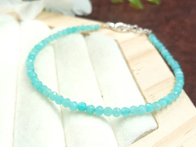 Schöne Amazonit facettierte runde Edelstein Perlen handgefertigte Frauen Armb... - Bild 2 von 4