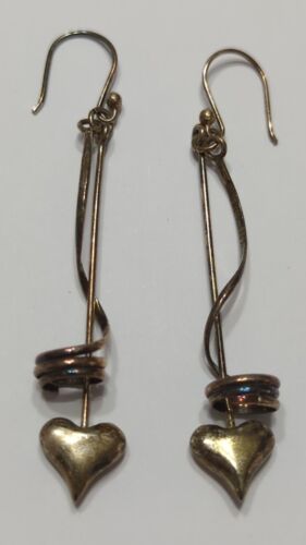 LONG Vintage Mexico Sterling Heart Dangle Earrings
