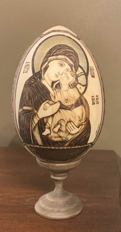 Orthodox carved wooden egg Jesus and Madonna With Wood Stand