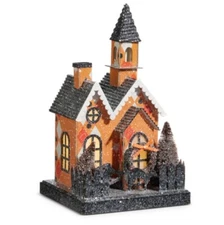 9" Halloween Putz House Church Orange Black Retro Vntg Halloween Village Decor