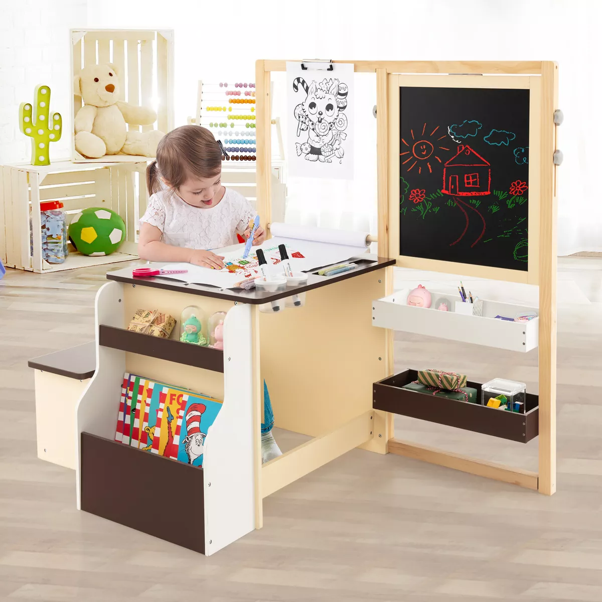 Kids Art Desk Easel & Bench Set w/ Storage Adjustable Double-Sided Easel  Nursery