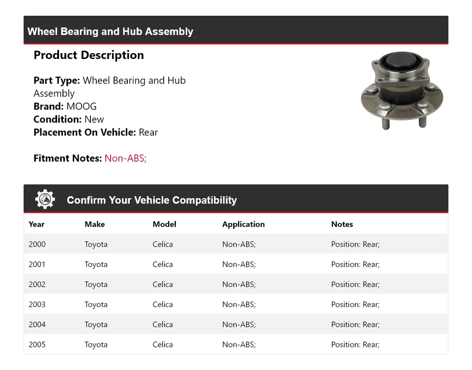 Para 2000-2005 Toyota Celica rolamento de roda e conjunto de cubo traseiro MOOG 2000 2001 - Imagem 2 de 4