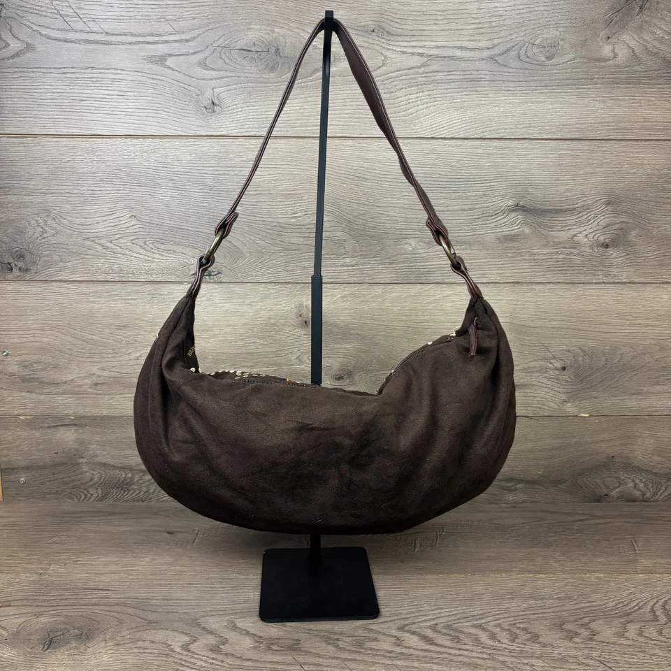 VTG Floral Beaded Hand Bag Shoulder Bag Brown Suede Embellished Embroidered Hobo - Image 3 of 4