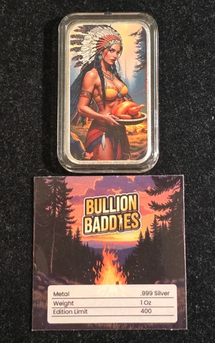 Bullion Baddies Series II Pocahotness Colorized 1 Oz Silver Bar w/COA Capsule