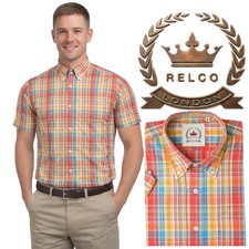 Image of Relco Men's Blue Orange Short Sleeve Multi Check Skin's Button Down Collar Shirt