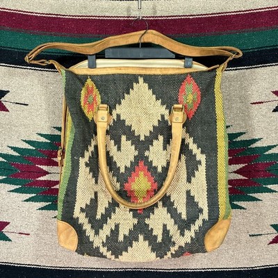 Vintage Jute & Leder Navajo Muster Tasche - verstellbare Größe - große Kapazität