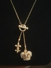 Fashion Gold Tone Rhinestone Fleur-de-Lis  Crown Charm Toggle Necklace. F2026