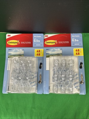 2 PK Command Mini Wall Hooks Clear 48 Hooks + 48 Command Strips Each
