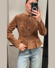 ZARA NEW WOMAN FLARED HEM 100% LEATHER JACKET WHISKEY SIZE M 6318/232/776