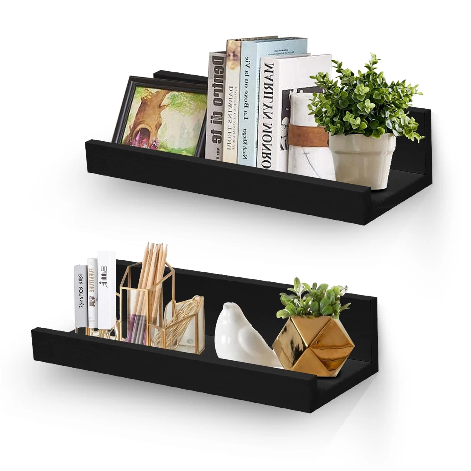 12 Inch Floating Wall Shelves Set of 2, Wood Picture Ledge with Lip for Office