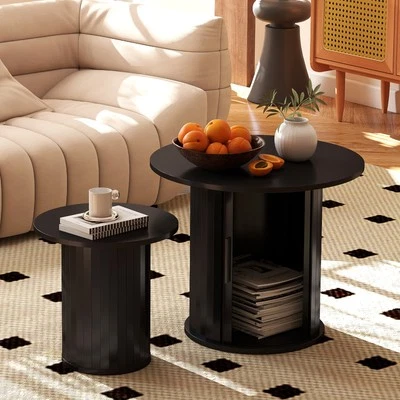 COSVALVE 40CM/60CM Coffee Table Round Wood Side Table Sets With Hidden Storage Black