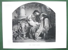 YOUNG PARENTS Mutual Love w/ First Born Baby - 1850s Antique Print