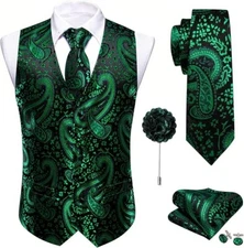 Barry Wang Mens Waistcoat Silk Vest Tie Hankie Cufflinks Set Wedding Formal Prom