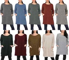 Ladies Italian Long Sleeve Knitted Mini Dress 2 Pockets Top