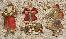 3 VTG 9" Victorian Santa Ornaments Merrimack Publishing Co. Die Cut Lithograph