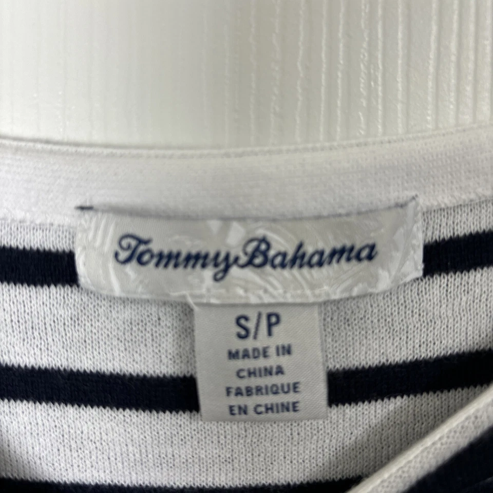Tommy Bahama Top Mujer Talla PS Azul Marino Blanco Rayas Manga 3/4 Follaje Foto 4 de 4