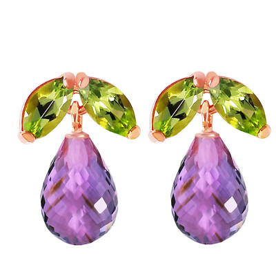 14K. SOLID GOLD STUD EARRING WITH PERIDOTS & AMETHYSTS